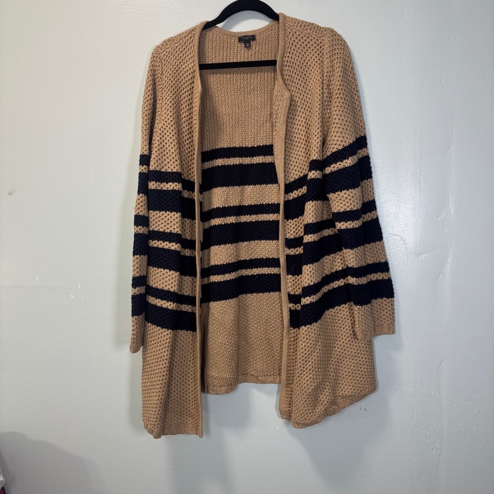 Talbots Petite XL Cardigan Sweater Tan Navy Blue Striped Open Front Chunky Knit